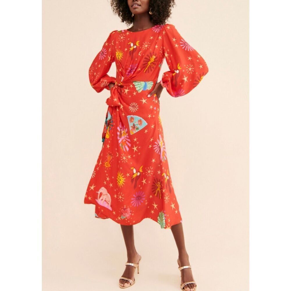 Farm Rio Red Twist Lotus Star Midi Dress